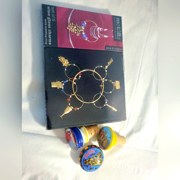 :* 6 Wine Glass Charms 3 scenic Italy porcelain Wine bottle corks & wine butler - Picture 2 of 12